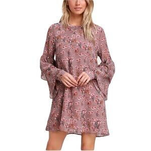 Lulus Mauve Floral Print Tiered Flounce Sleeve Mini Dress Size M